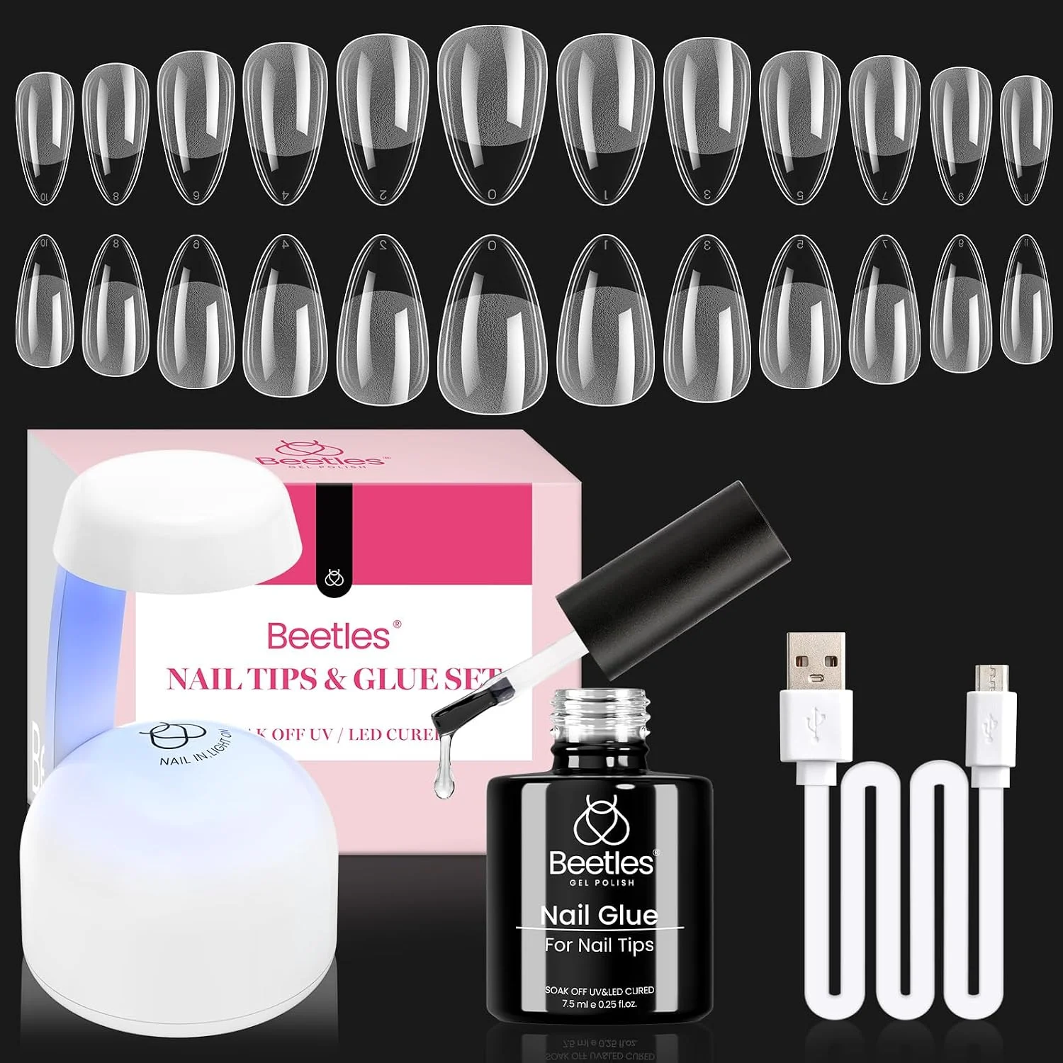 Kit de Uñas Gel Beetles Forma Almendra 504 Piezas con Lámpara UV LED