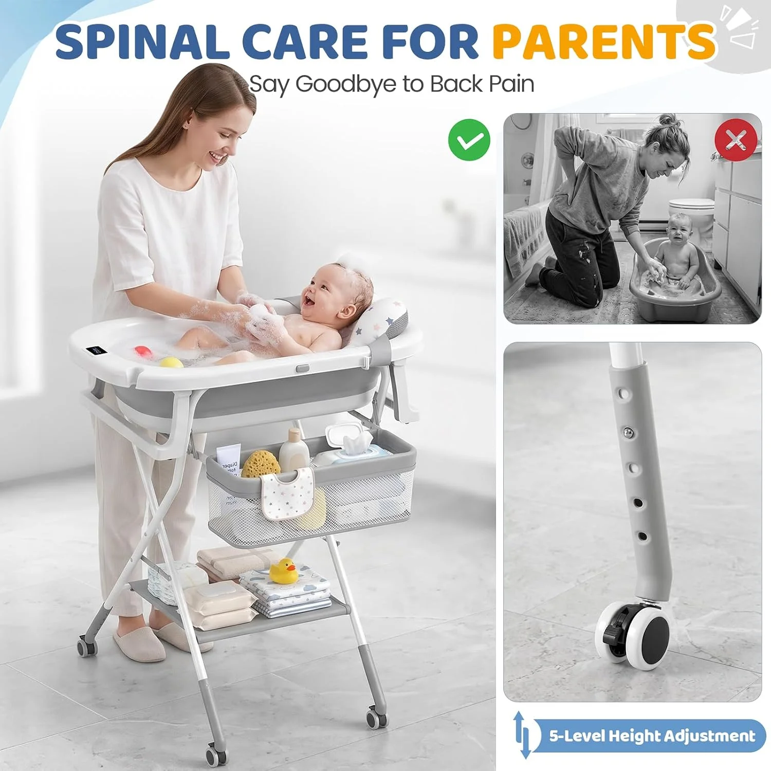Orzbow Bañera Plegable para Bebé con Soporte de Altura Ajustable y Ruedas