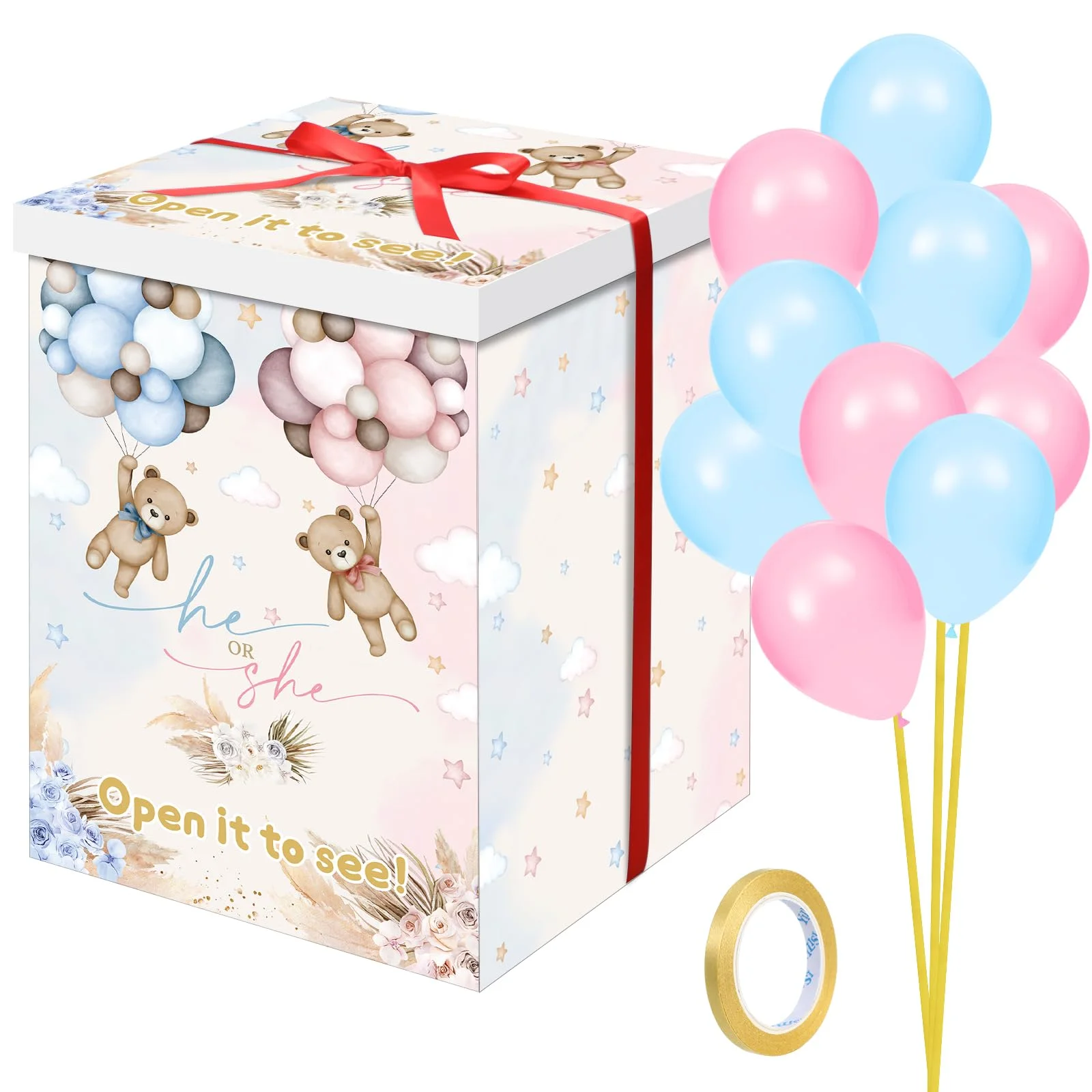 Caja de revelación de género Hungdao Boho Bear con 10 globos