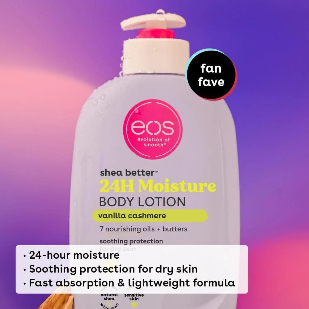 Paquete de loción corporal eos Shea Better con variedad de aromas naturales para hidratación prolongada