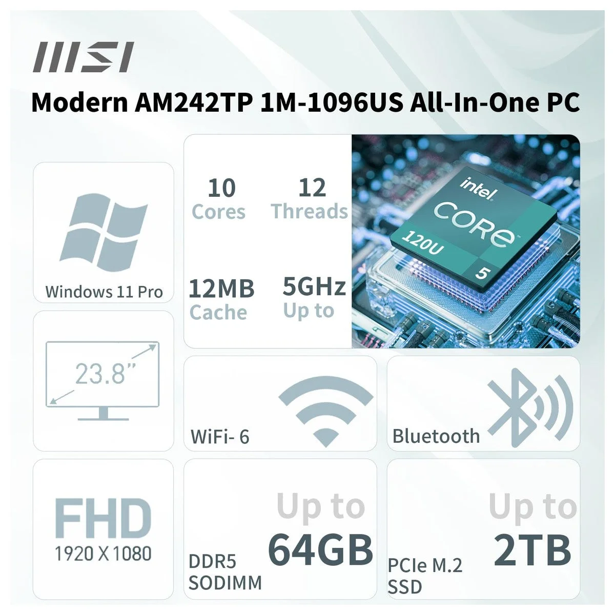 MSI Escritorio Todo en Uno de Negocios Moderno con Pantalla Táctil FHD, Intel Core i5, 16GB DDR5, SSD 1TB, Wi-Fi 6E y Webcam FHD