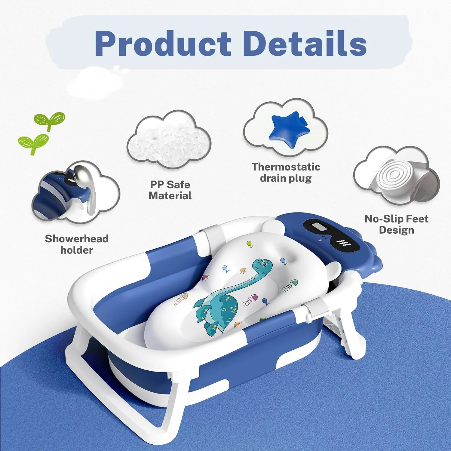 AVIDOR Bañera Plegable para Bebé Diseño Dinosaurio con Red de Baño Azul Marino