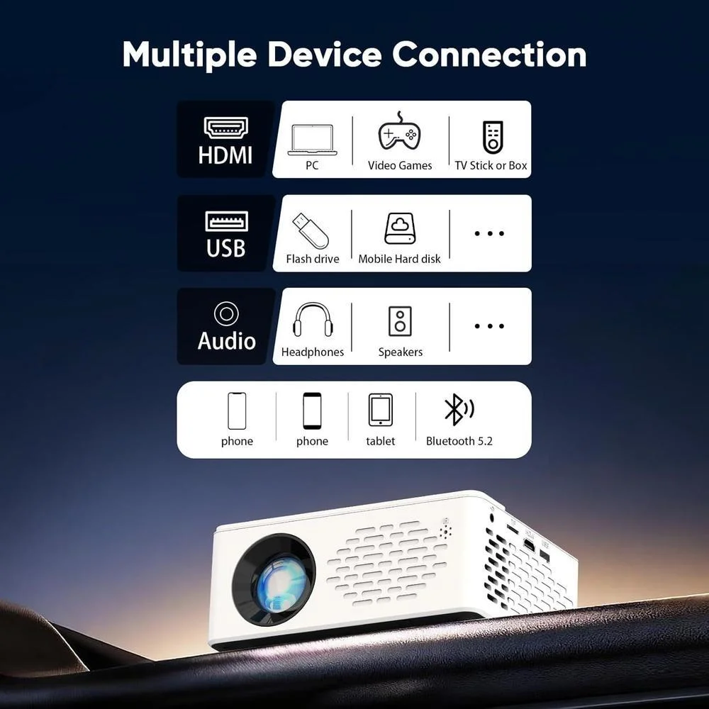 TMY proyector Bluetooth mejorado con pantalla, portátil Full HD compatible con TV Stick Smartphone/HDMI/USB