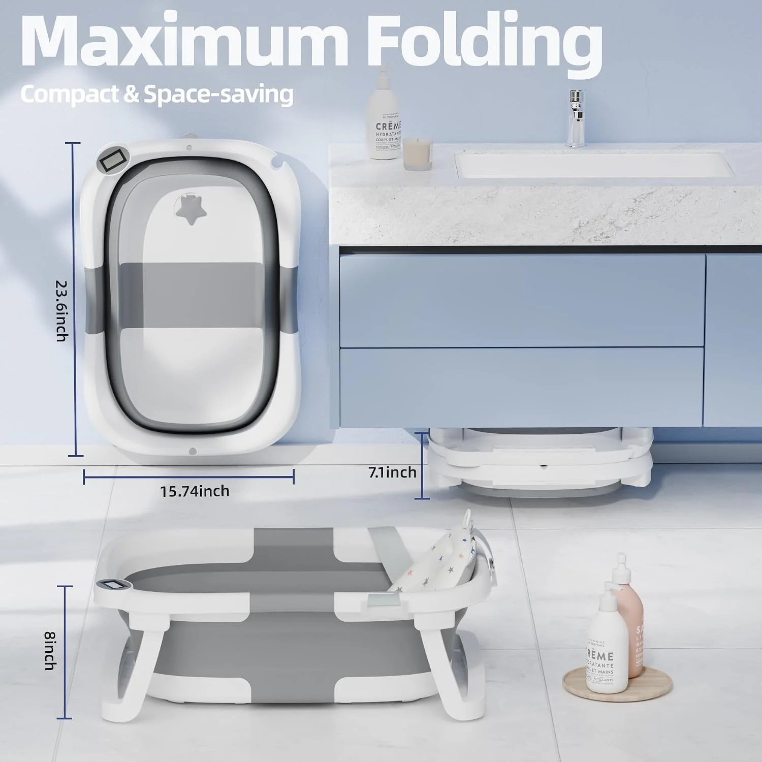 iBabyMax Bañera Plegable para Bebé con Termómetro 0 a 36 Meses Gris