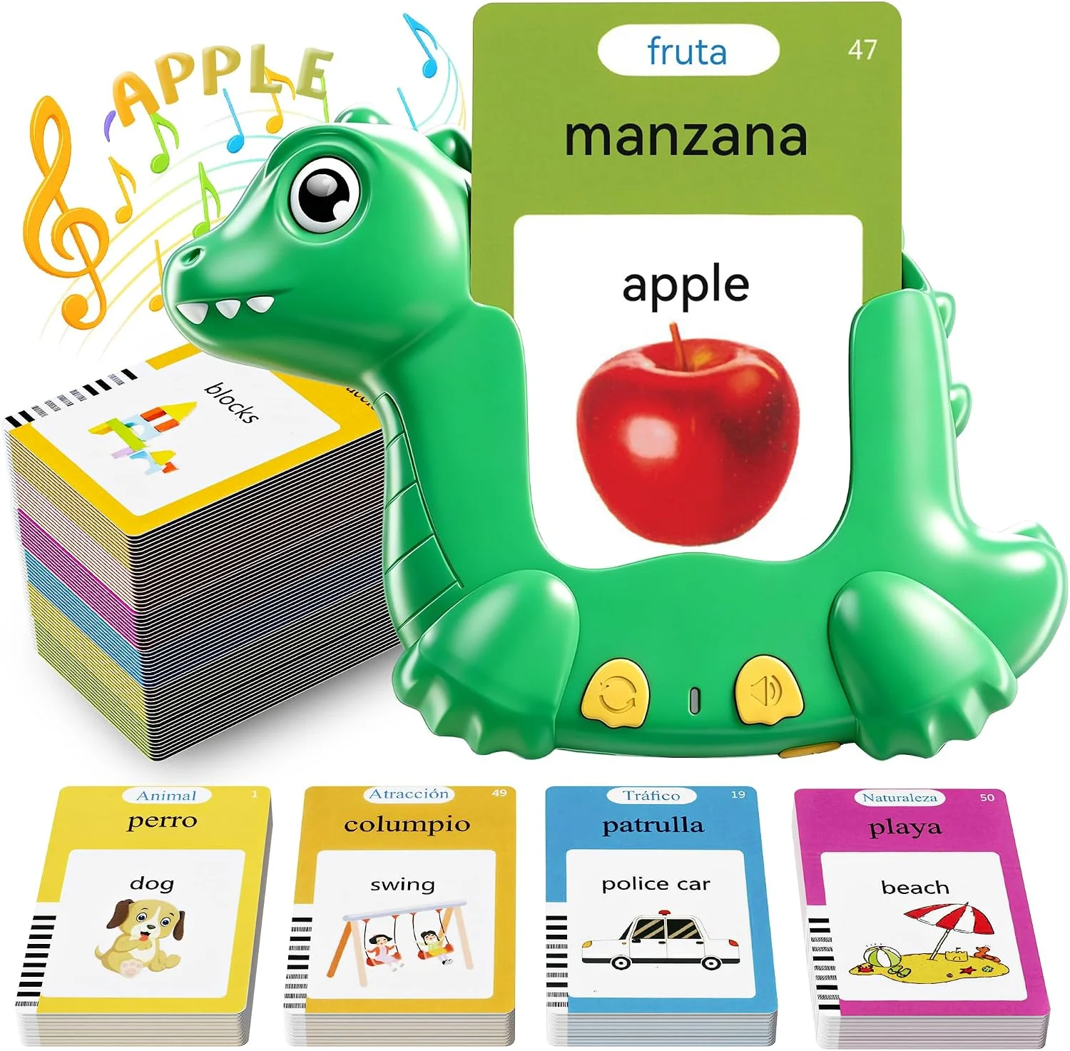Spanish and English Talking Flash Cards for Kids, 510 Words, Dino Shaped
