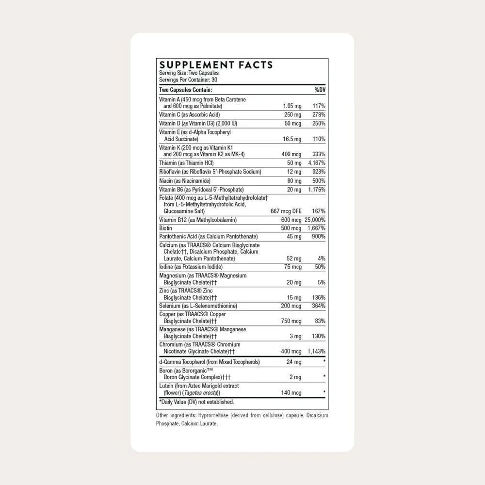 THORNE Nutrientes Básicos Multivitamínico diario sin gluten, lácteos y soja, 60 cápsulas, biodisponibilidad óptima