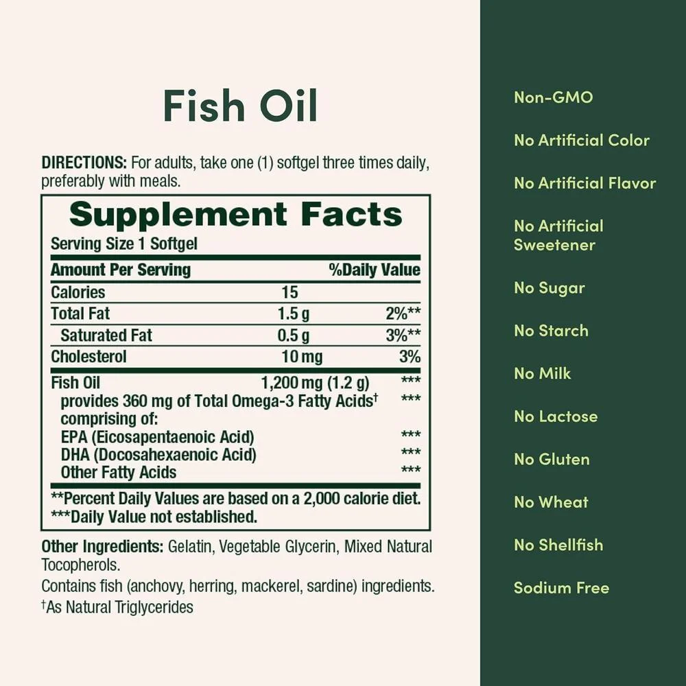 Aceite de Pescado Nature's Bounty 1200 mg con 360 mcg Omega-3, Suplemento Salud Cardíaca y Celular, 200 Cápsulas