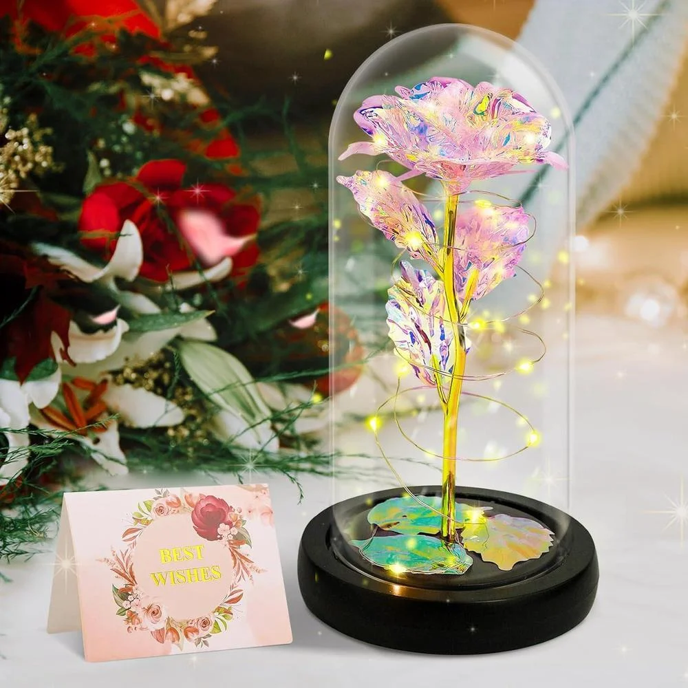 Rosa eterna en domo de cristal con luz LED