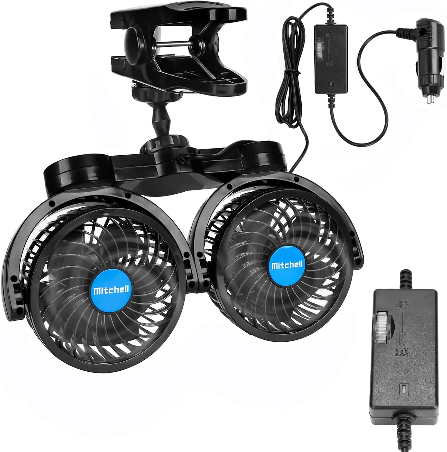 Hynoo 12V Car Clip Fans, Adjustable Dual Head Clip Fan 360° Rotatable Cooling Air Fan, 4'' Electric Auto Car Fans with Cigarette Lighter Plug for Vehicles, RV, SUV