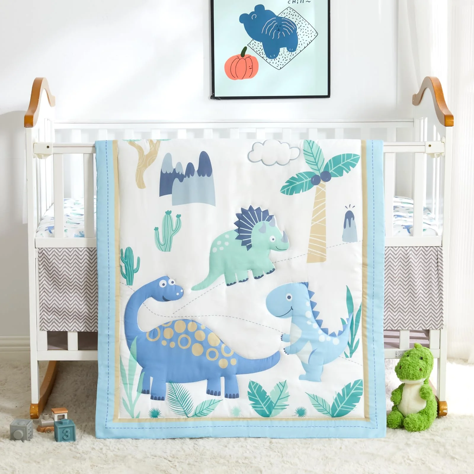 Set de cama para cuna Wowelife diseño dinosaurio azul bebé 3 piezas