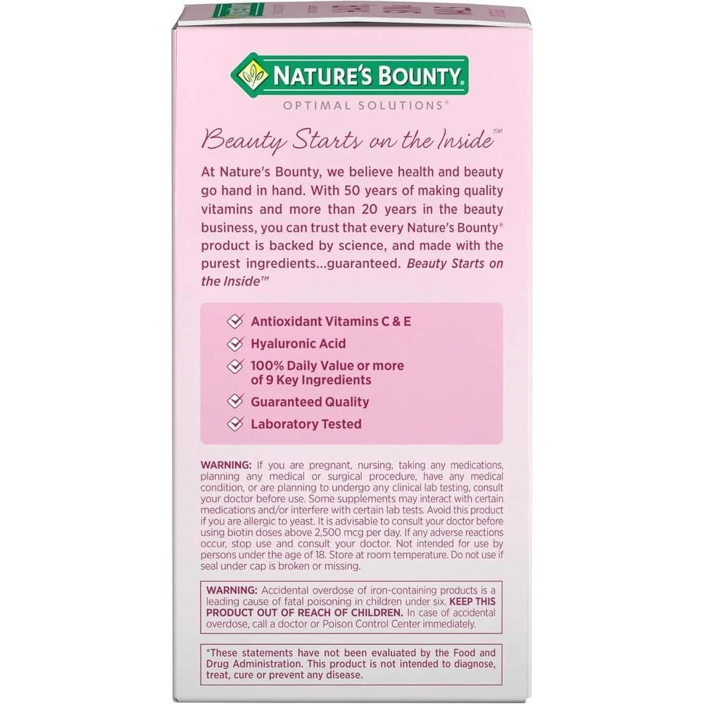 Suplemento Vitaminico Avanzado para Cabello, Piel y Uñas con Biotina y Ácido Hialurónico de Nature's Bounty