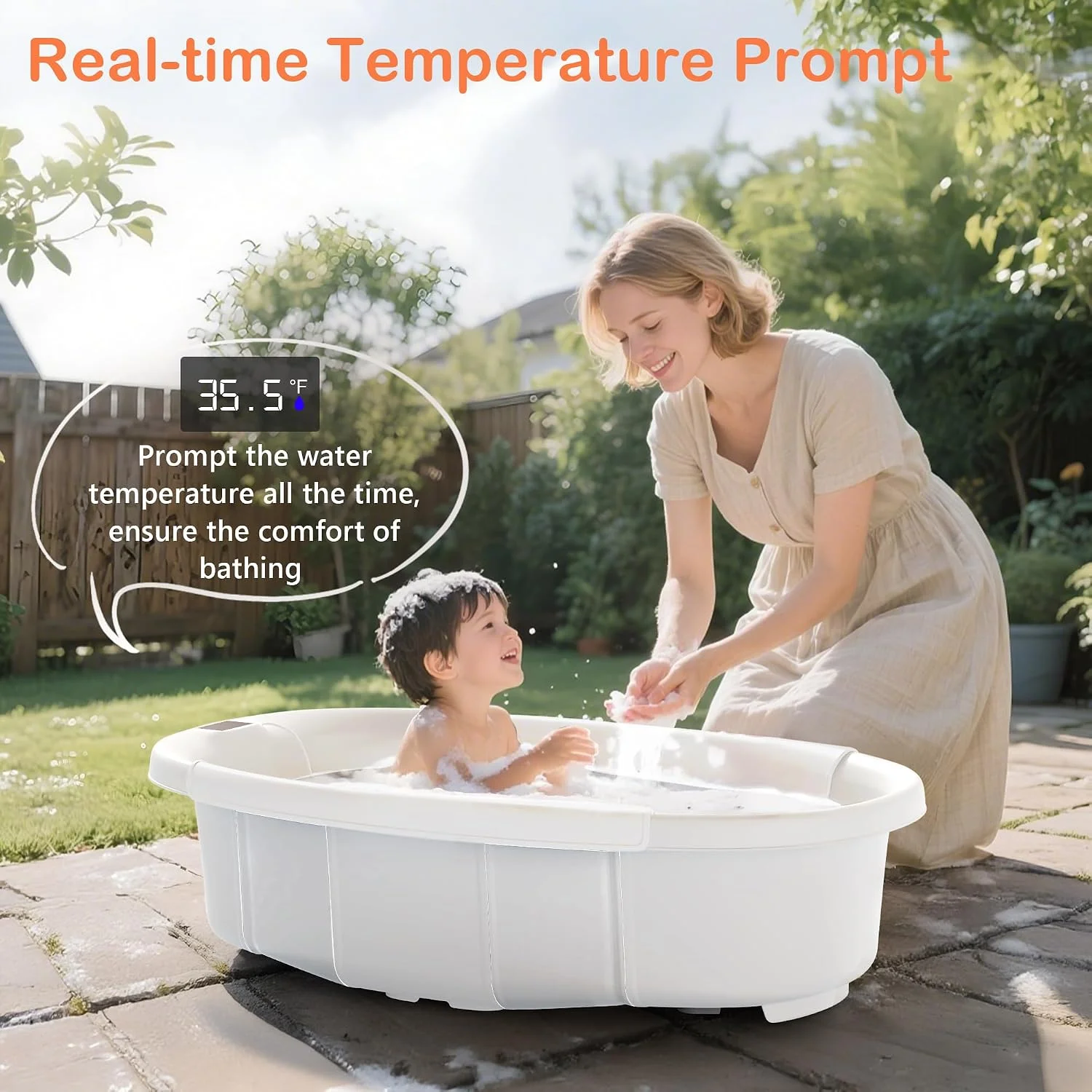 Spluvvly Bañera Plegable Grande para Bebé con Termómetro y Cojín Blanca