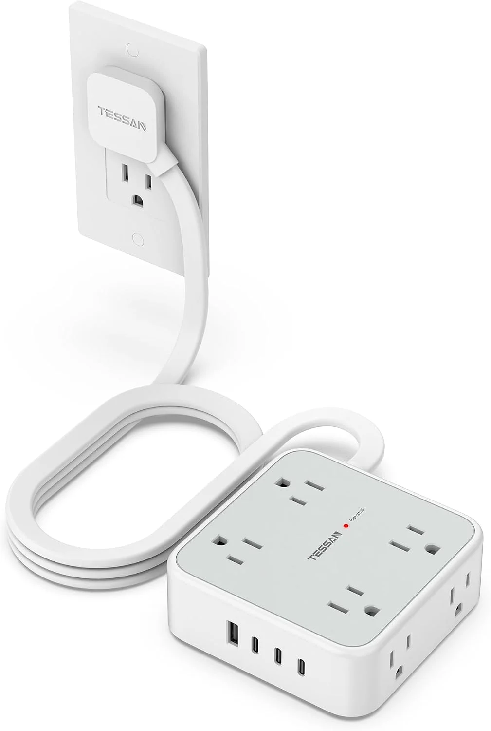 Extensión Tessan con protector de sobretensión 900J, 8 tomas, 4 puertos USB, cable 5 pies, gris