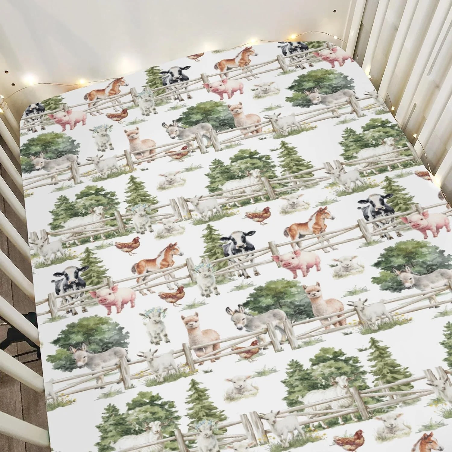 Farm Life Watercolor Baby Crib Sheets for Boy Girl 52"x28" Cow Horse Lamb Chick Pig Trees Soft Snug Fitted Crib Mattress Cover Farmyard Animals Baby Sheet for Standard Crib and Toddler Bed Mattress