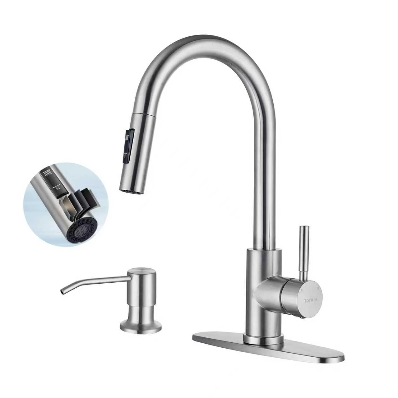 TOYWIA Kitchen Faucets with Soap Dispenser, Brushed Nickel Single Handle High Arc Stainless Steel Sink Faucet with Pull