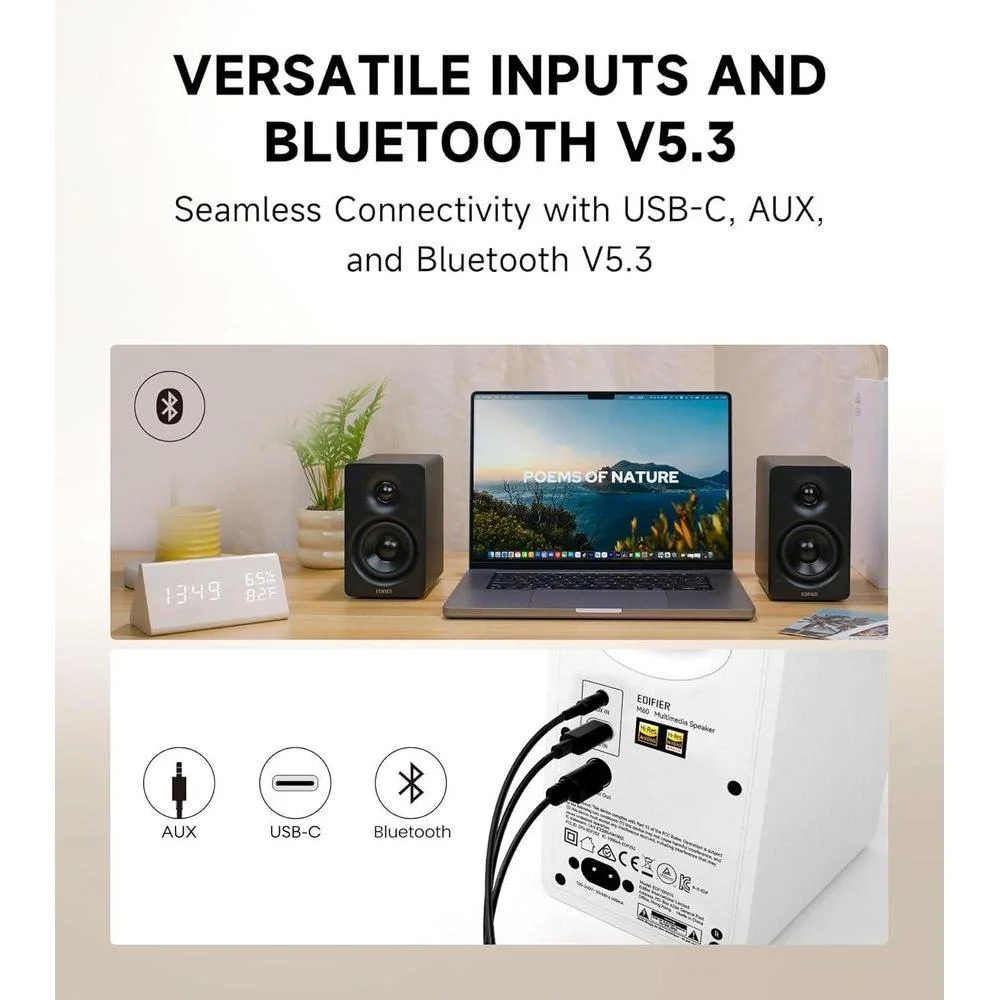 Edifier Altavoz Multimedia M60 con Bluetooth 5.3, 66W RMS y Audio de Alta Resolución, LDAC, Entradas USB-C y AUX, Diseño Compacto para Escritorio