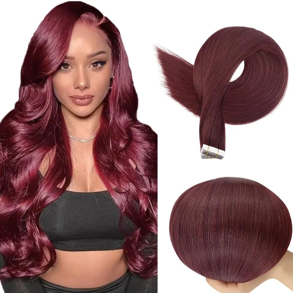 Extensiones de cabello tape in Lakaisa 24 pulgadas color burdeo cabello humano remy 40g 10 piezas