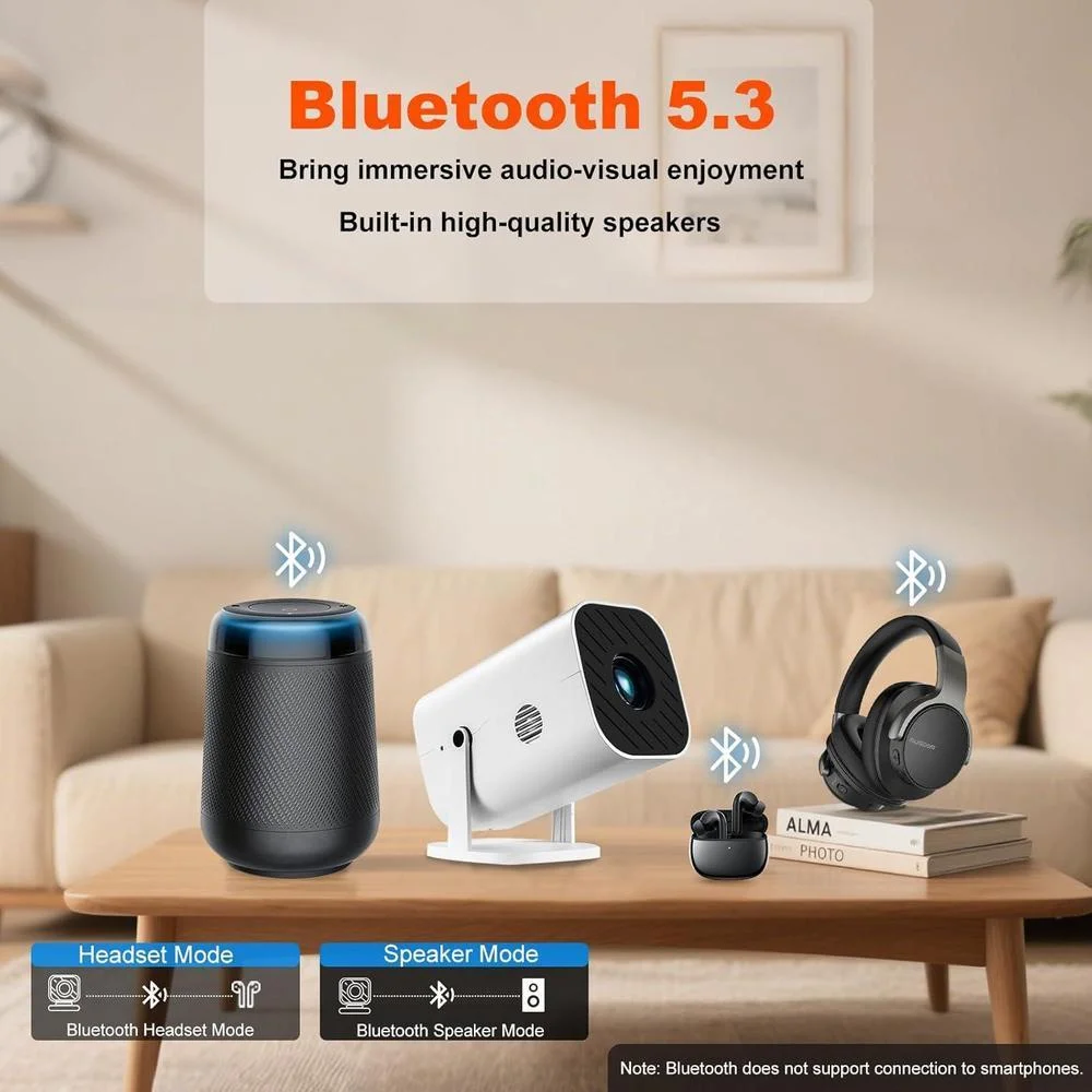 Proyector portátil con WiFi y Bluetooth, enfoque eléctrico y aplicaciones integradas, compatible con smartphones