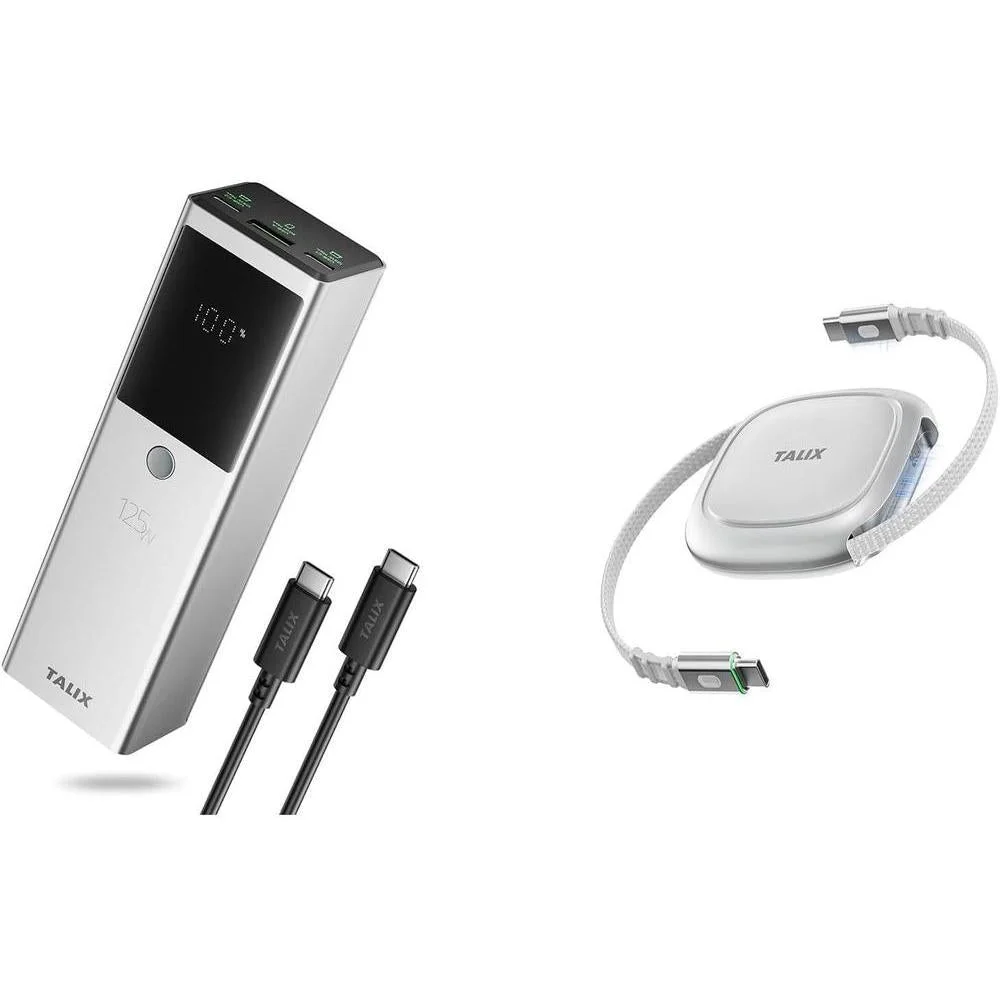 TALIX batería carga rápida 125W, 12800 mAh para laptops, cable retráctil USB-C, cargador PD para MacBook y más