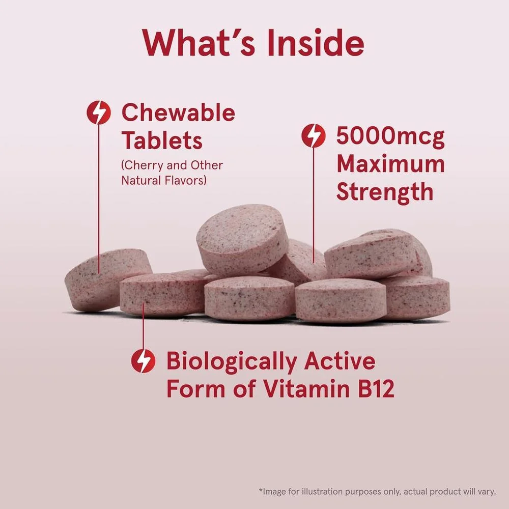 Jarrow Formulas Vitamina B12 Masticable Metilcobalamina 5000 mcg - Sabor Natural a Fruta, Energía y Metabolismo