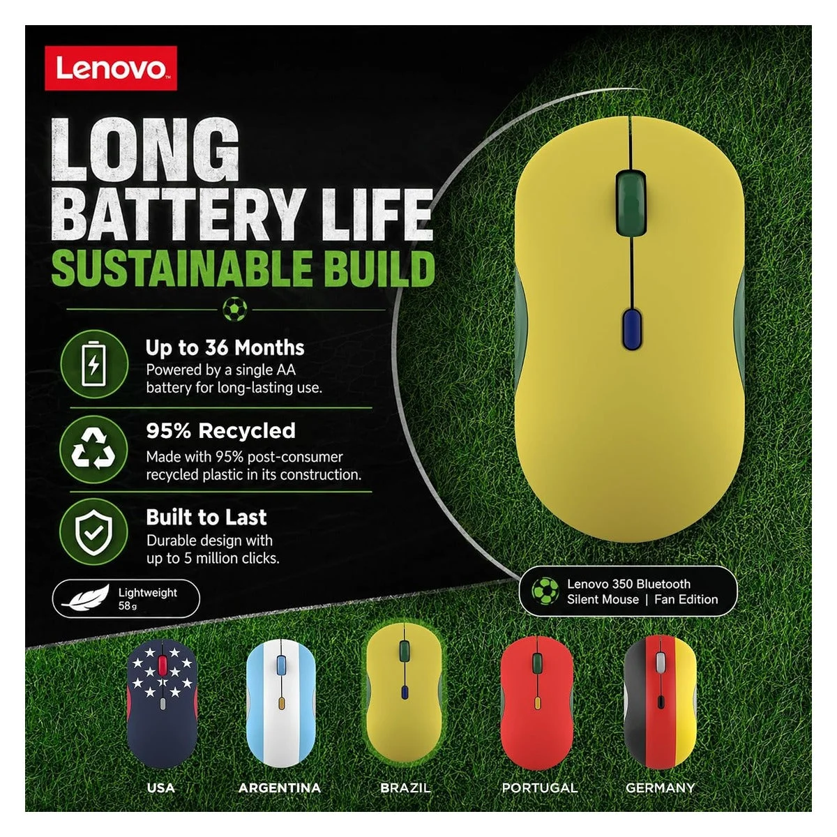 Lenovo Ratón Silencioso Bluetooth 350 - Brazil Flag