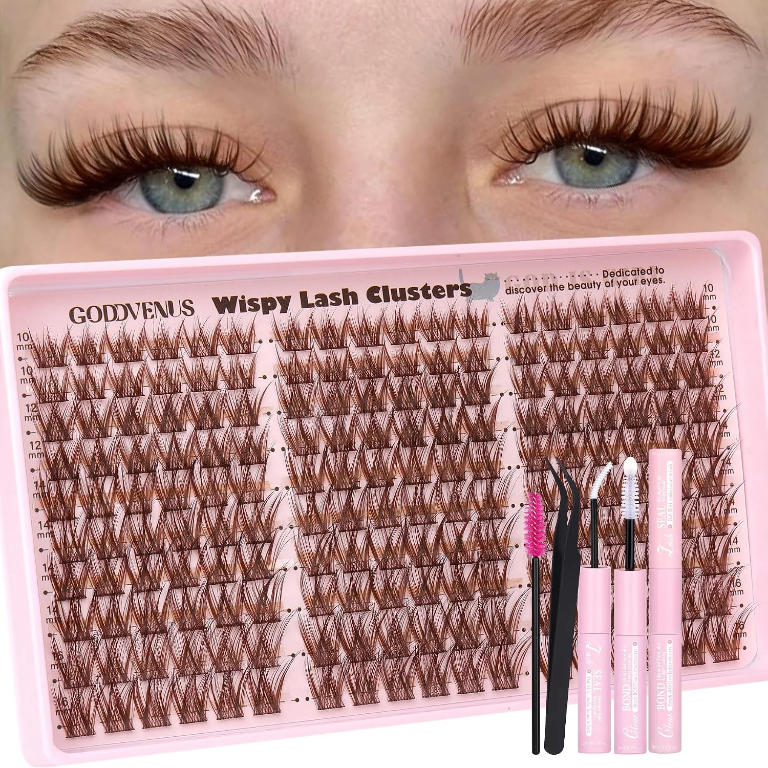 Kit de extensiones de pestañas en racimos Goddvenus marrón wispy rizo C