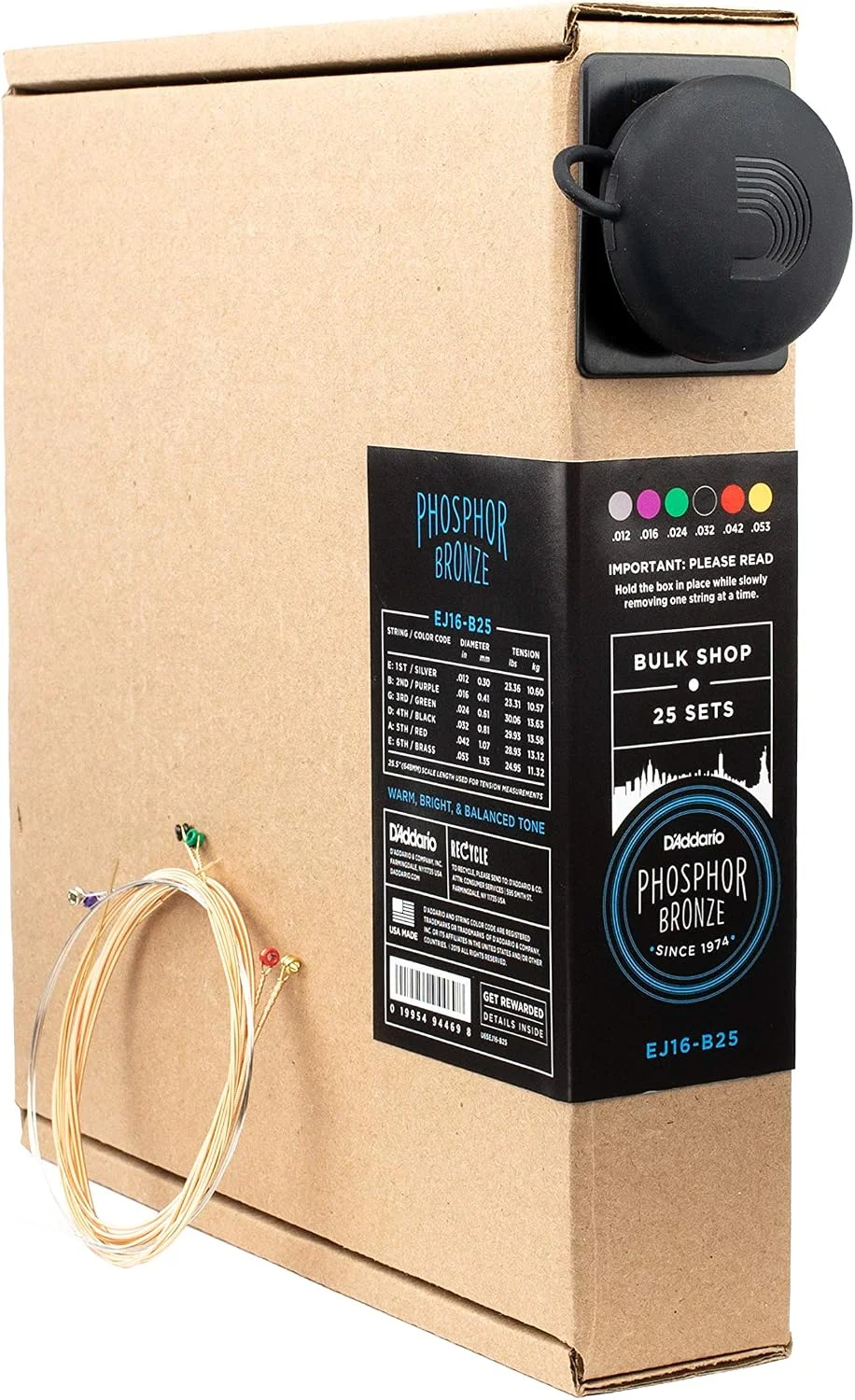 Cuerdas para guitarra acústica D'Addario EJ16 Phosphor Bronze 12-53, pack de 25 juegos