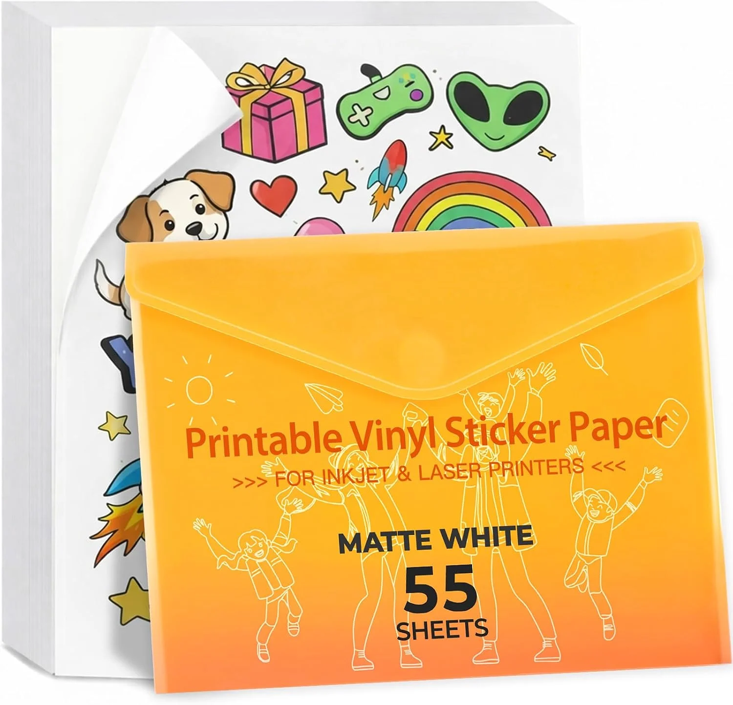 Papel adhesivo vinilo imprimible JANDJPACKAGING blanco mate 55 hojas