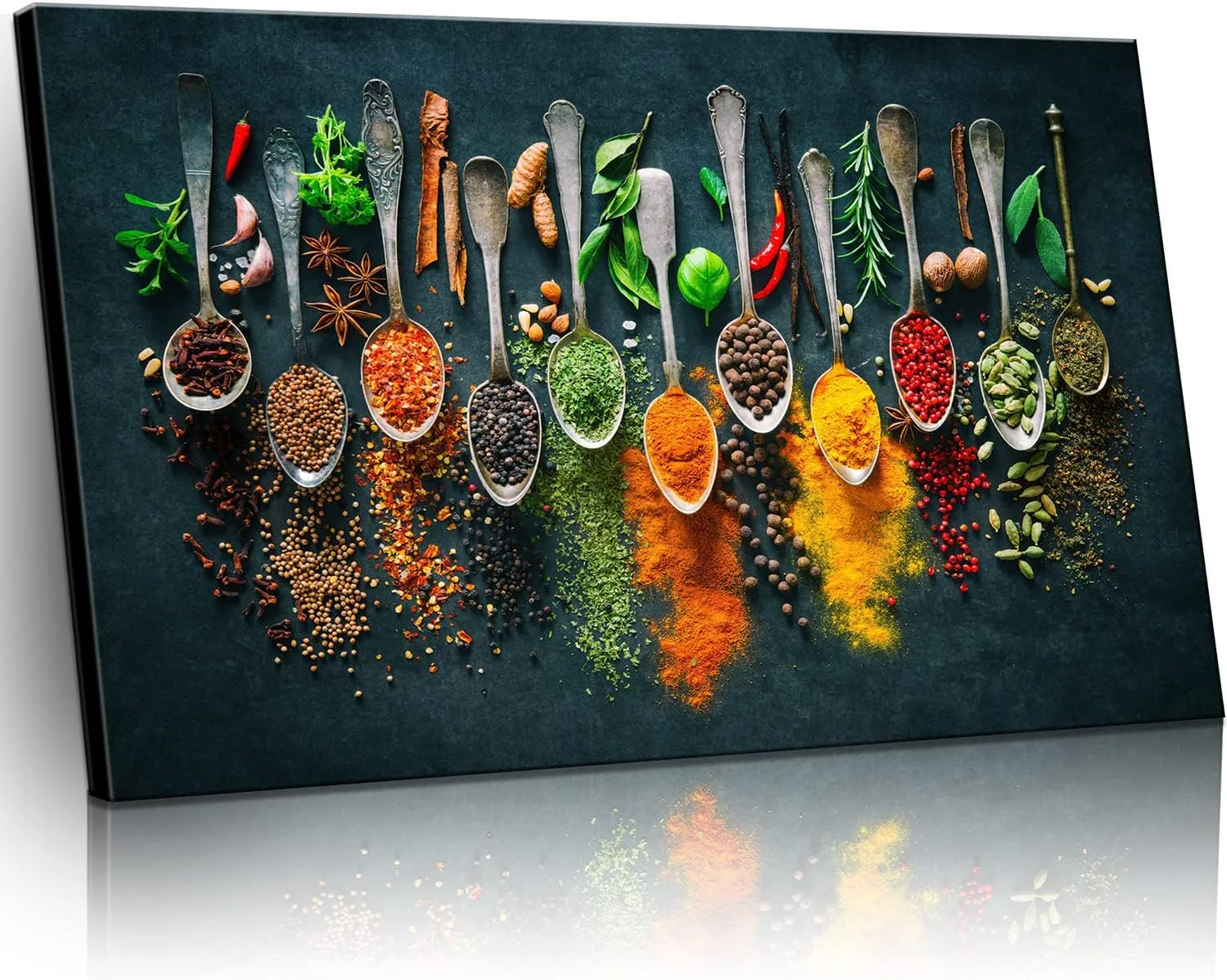 Framed Large Kitchen Wall art Pictures Decor Couful Spice in Spoon Vintage Canvas Wall Art Food Photos Painting On Canvas Home Decoration Gift Ready to Hang 24x36inch