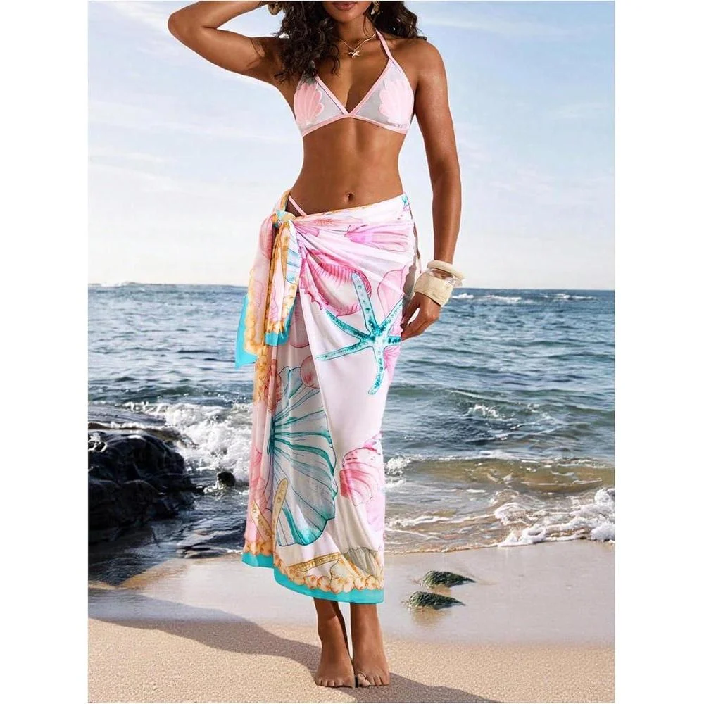 Floerns Cover Up de Vacaciones para Mujer, Pareo de Playa Floral Transparente con Falda Envolvente