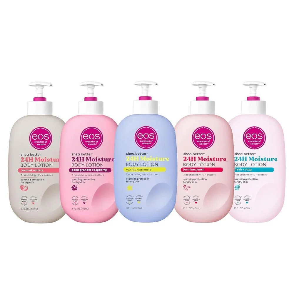 Paquete de loción corporal eos Shea Better con variedad de aromas naturales para hidratación prolongada