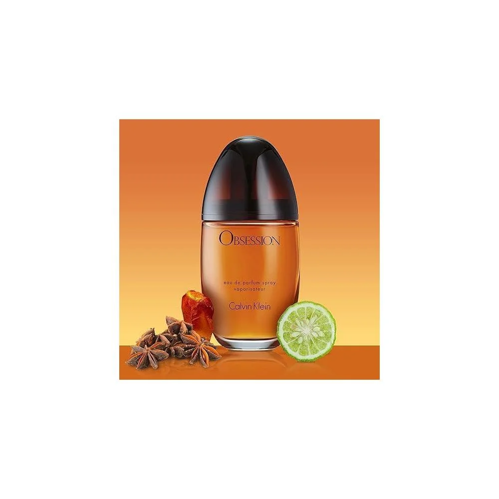 Calvin Klein Obsession Eau de Parfum ambarino para mujer con mandarina, bergamota, jazmín y pachulí, fragancia de lujo