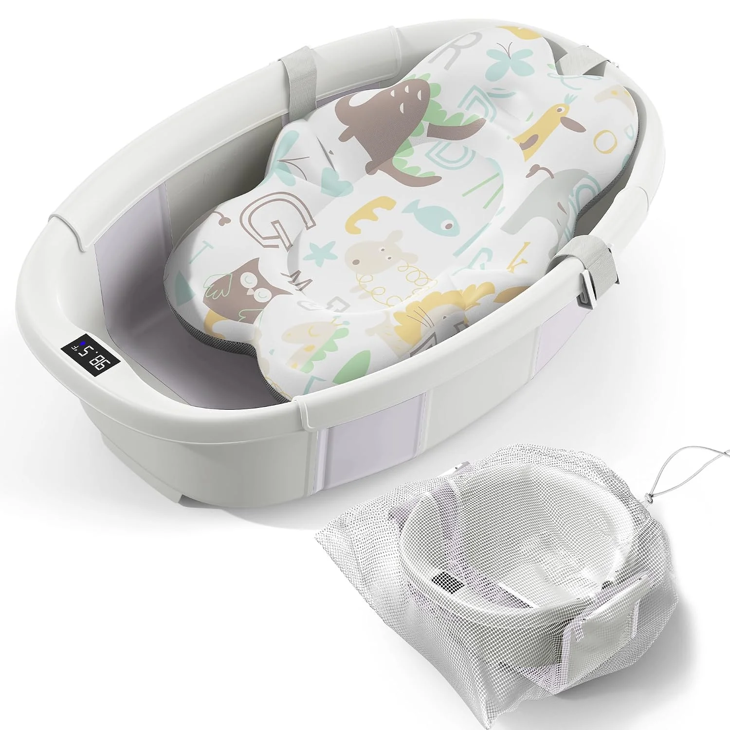 Spluvvly Bañera Plegable Grande para Bebé con Termómetro y Cojín Lila