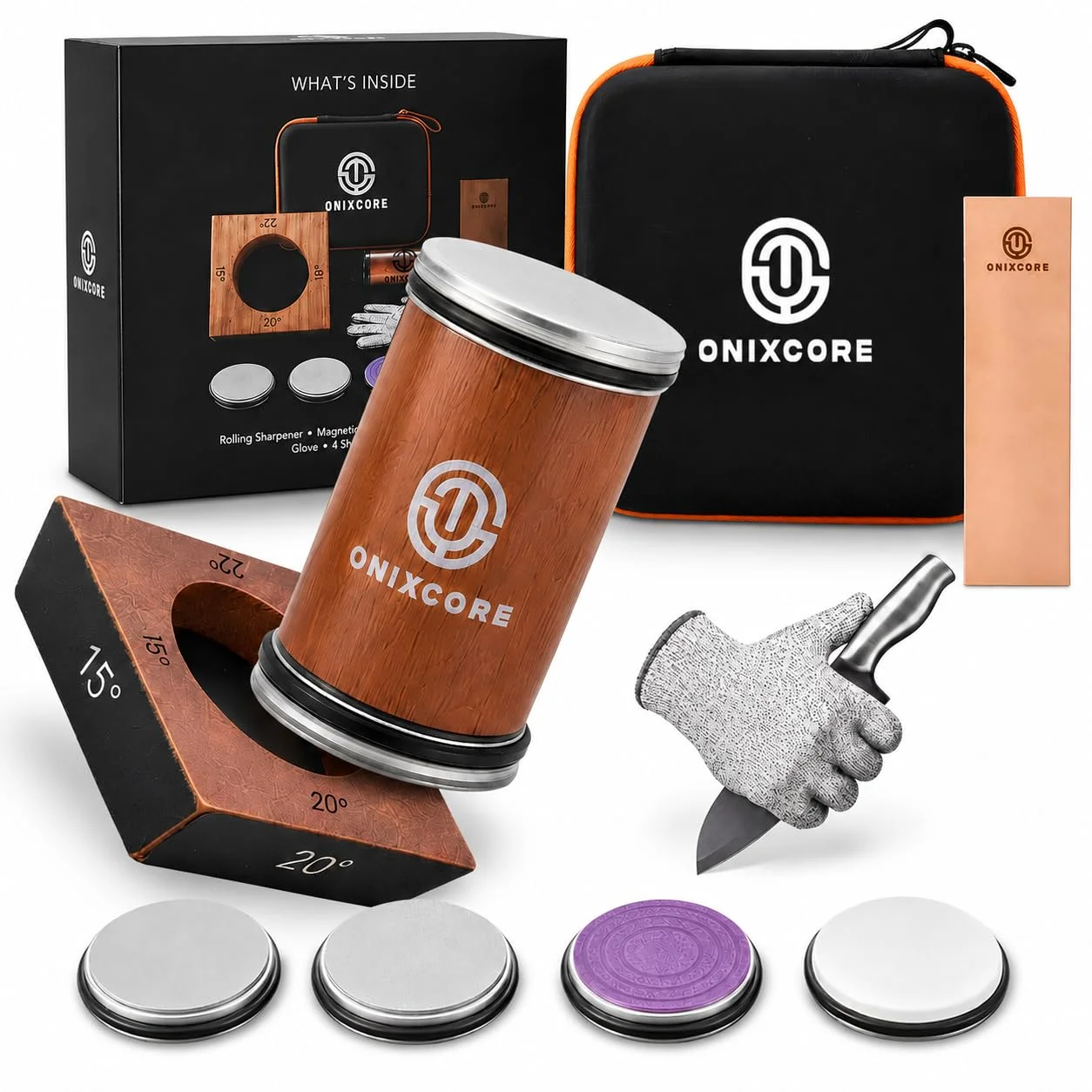 ONIXCORE Rolling Knife Sharpener Kit, Manual Knife Sharpening System with Magnetic 4-Angle Base (15°, 18°, 20°, 22°), 3.86" Wooden Roller, 4 Diamond & Ceramic Grit Discs, Leather Strop, Carrying Case