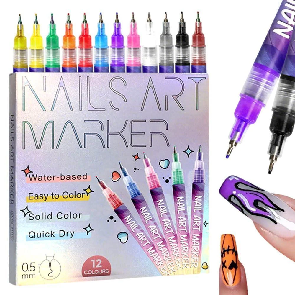12 Colors Nail Art Pens Set, Nail Art Markers Polish Pen for 3D Nail Art, Drawing Painting Liner Brush for DIY Nail Art Beauty Adorn Manicure Tool (1 Set)
