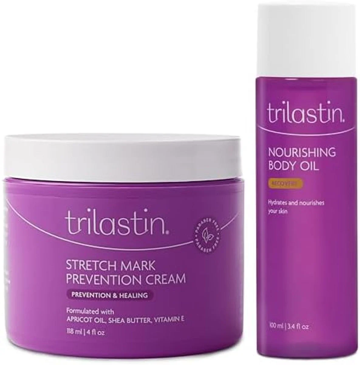 TriLASTIN Maternity Stretch Mark Prevention Cream (4oz) Bundle with Nourishing Body Oil (3.4oz)