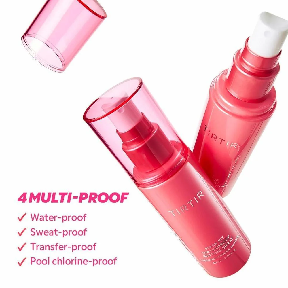 Spray Fijador TIRTIR con fijación de 24h, acabado semimate. Resistente al agua, sudor. Ideal para piel sensible. Libre de etanol. Aprobado clínicamente