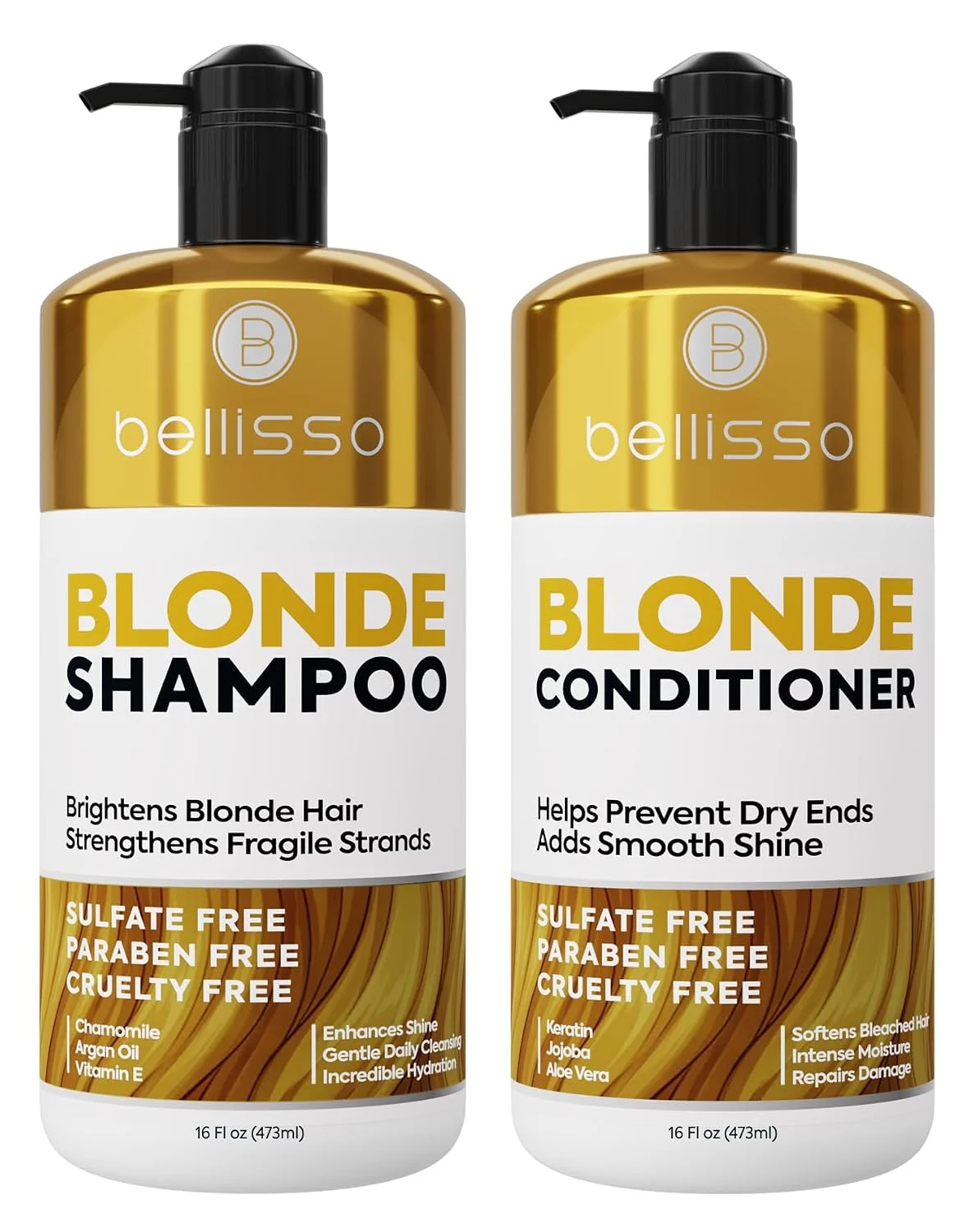 Blonde Shampoo and Conditioner Set - Sulfate Free - For Natural and Color Treated Hair - Zero Paraben Treatment, Moisturizing Salon Formula with Pump - For Women and Men - 16 Fl Oz (Set of 2)