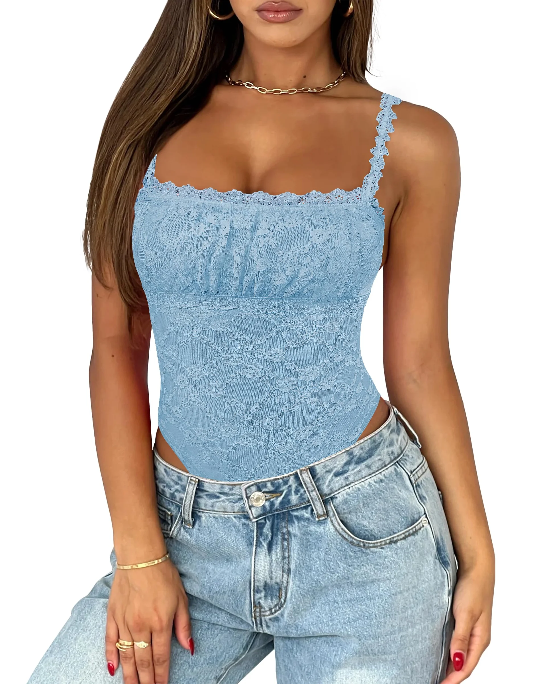 Body Saslax Cuello Cuadrado Encaje Tirantes Finos
