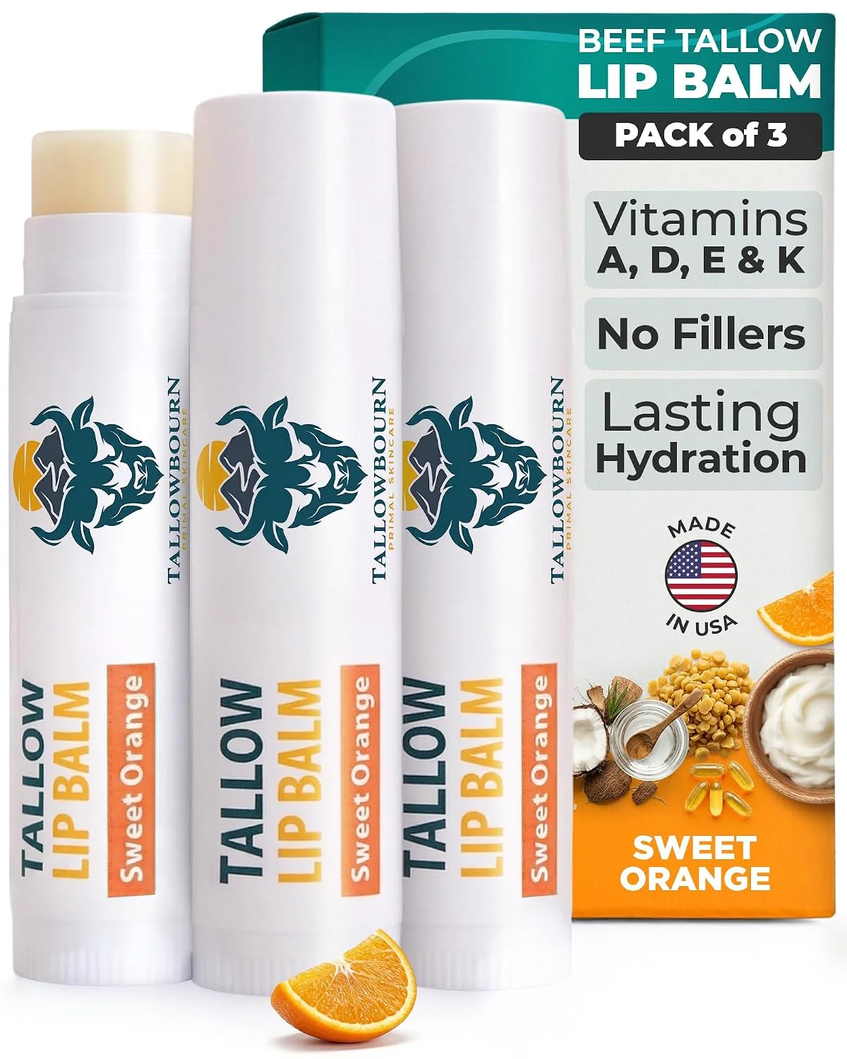 Bálsamo labial hidratante Tallowbourn con sebo de res alimentado con pasto, naranja dulce, pack de 3