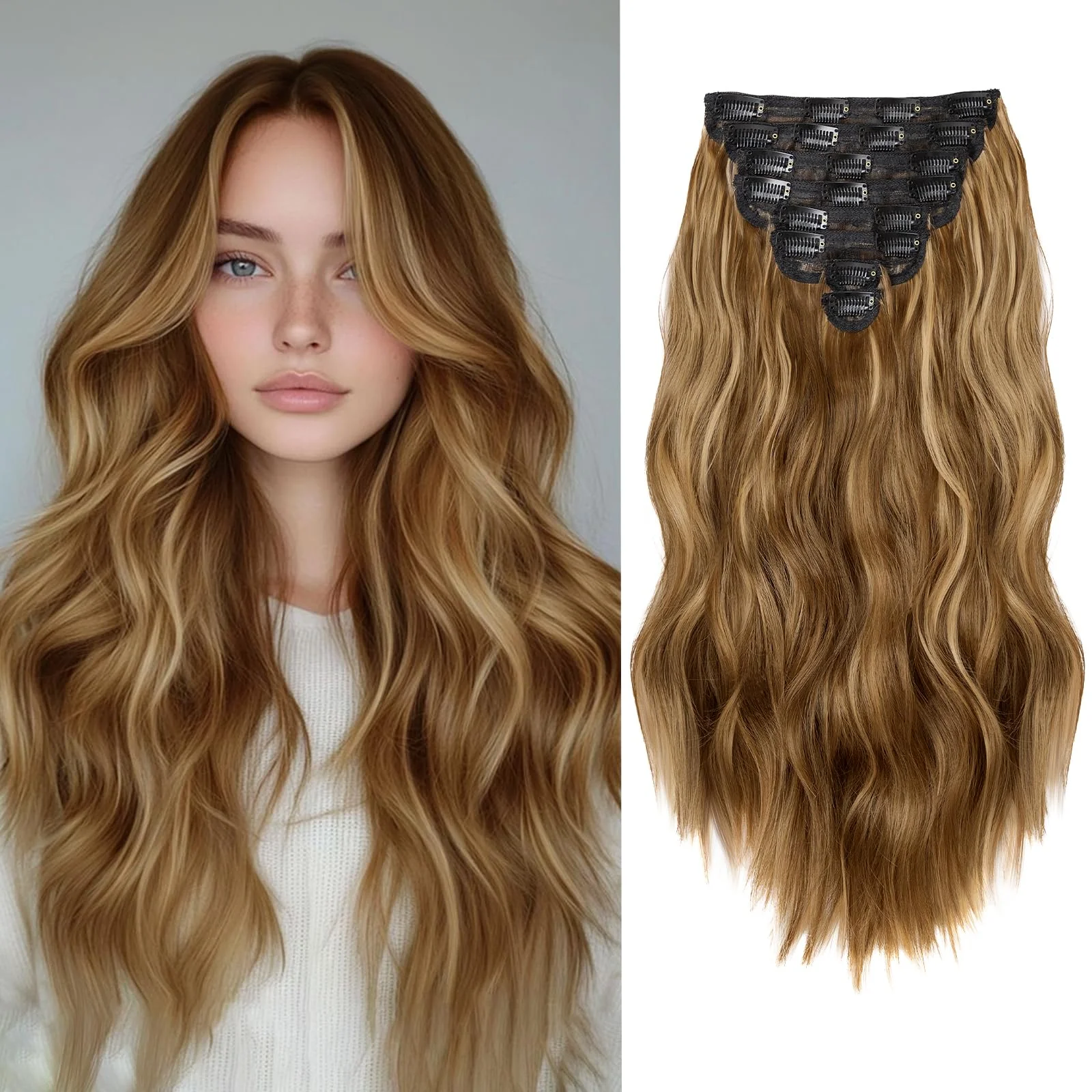 Extensiones de cabello clip in onduladas castaño y rubio 20 pulgadas 8 piezas
