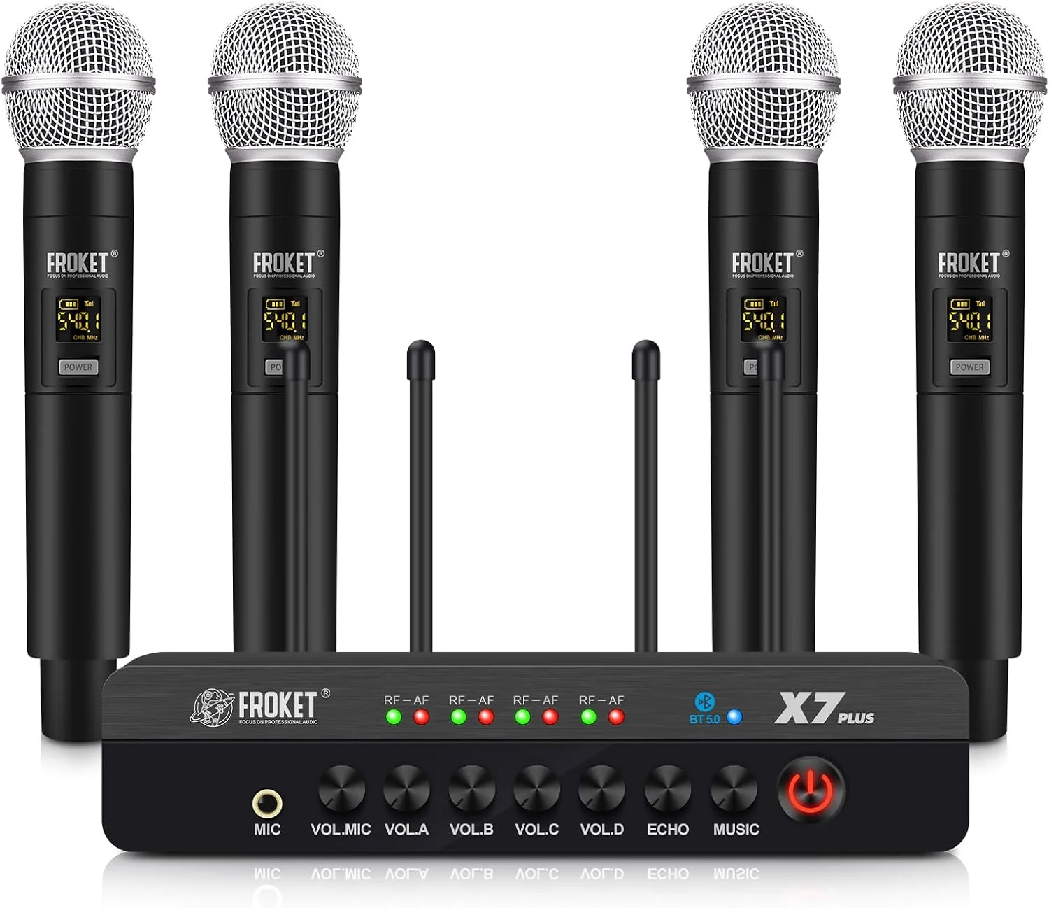 UHF Wireless Microphone System, 4-Channel Karaoke Mic with Bluetooth & DSP