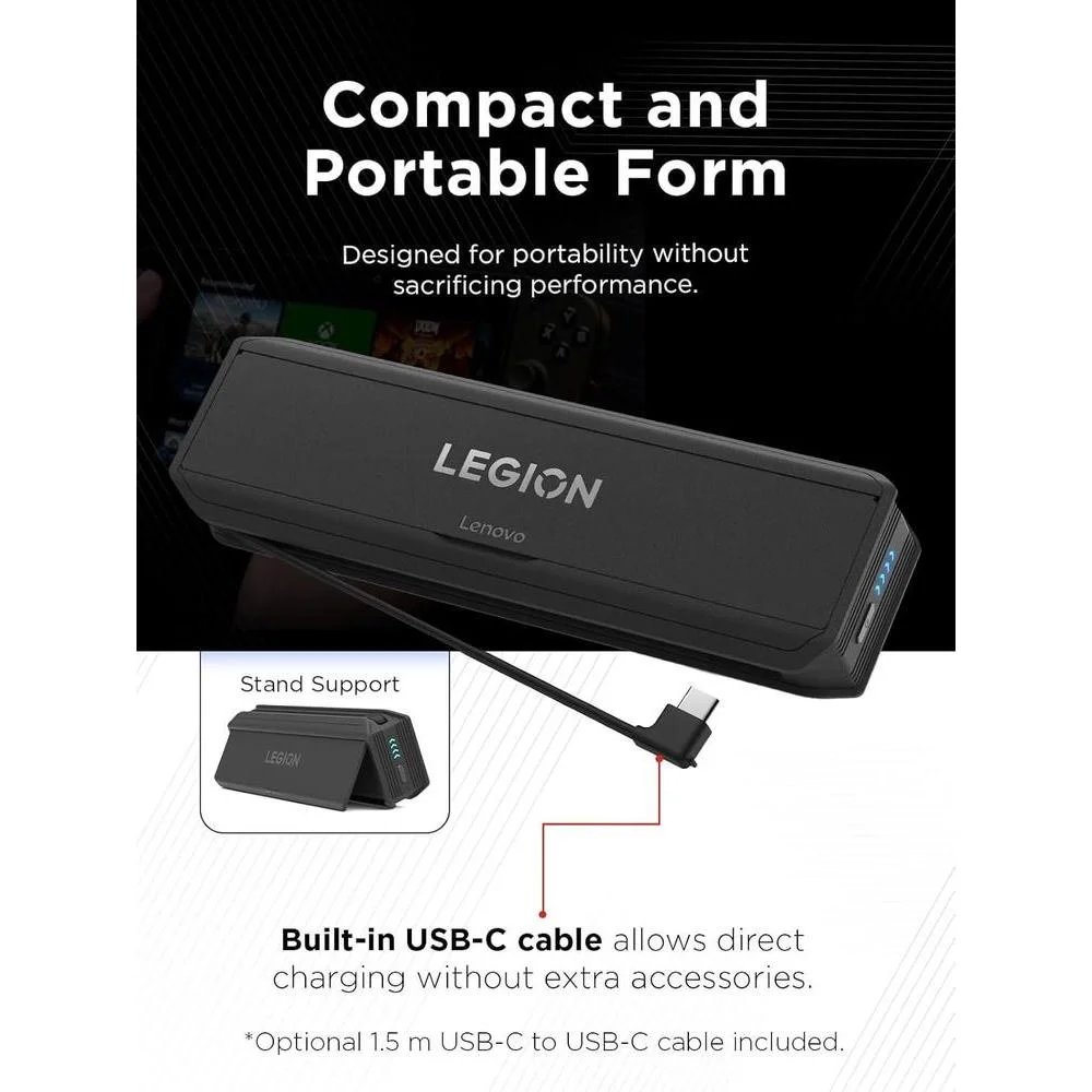 Banco De Energía Portátil Lenovo Legion Go 65W Con Cable USB-C, Fijación Magnética, Soporte Y Protección De Sobrecarga