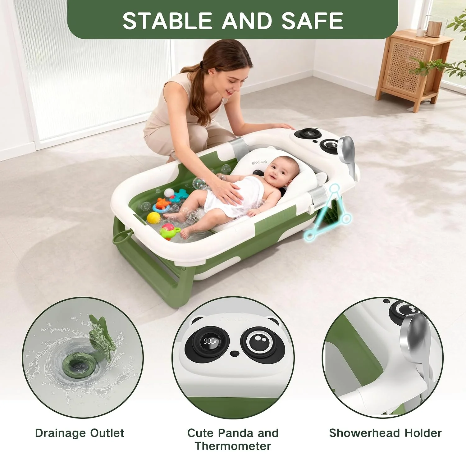 LAUJIA Bañera Plegable para Bebé Diseño Panda con Cojín Verde