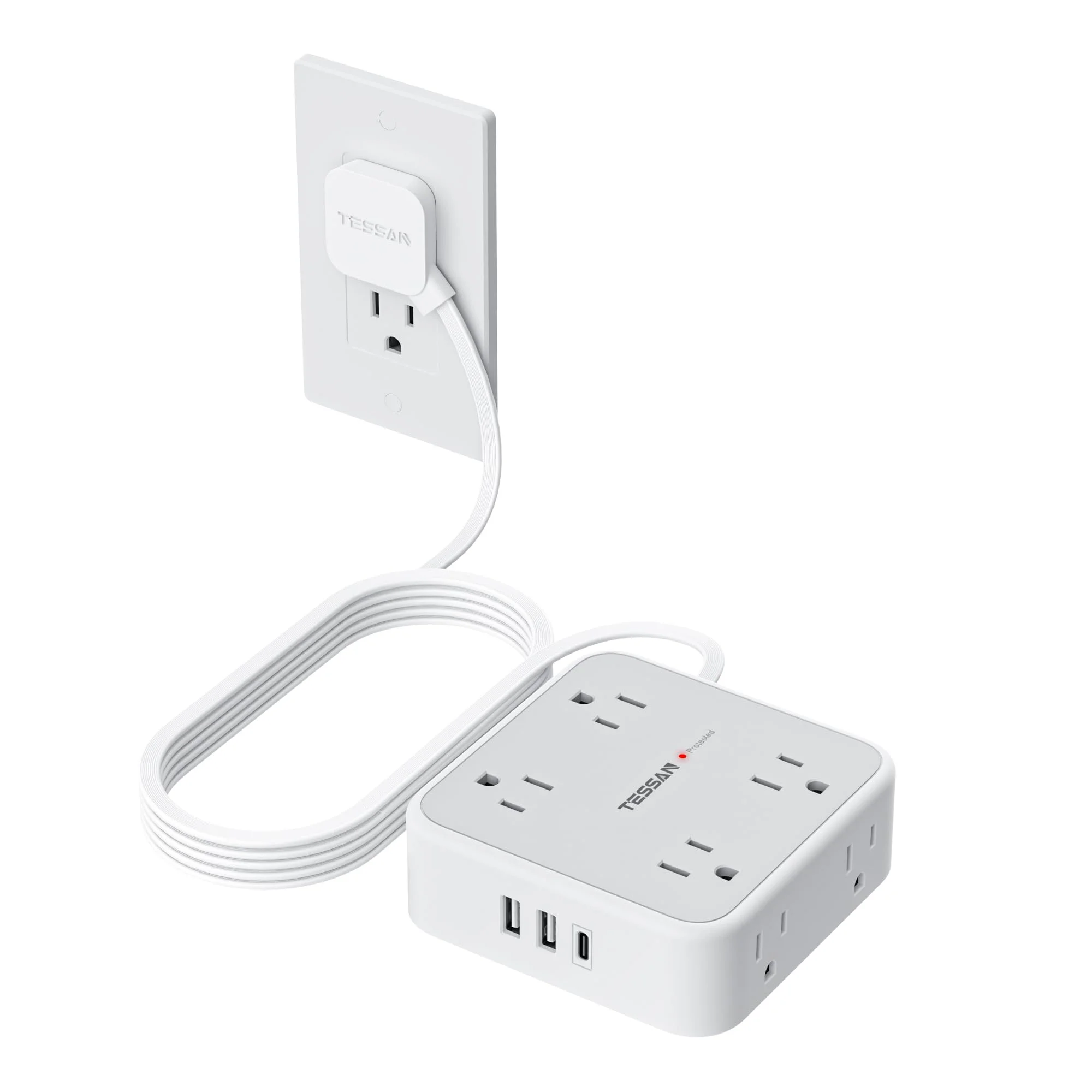 Regleta de protección Tessan con 8 tomas y 3 puertos USB, cable de 10 pies, gris