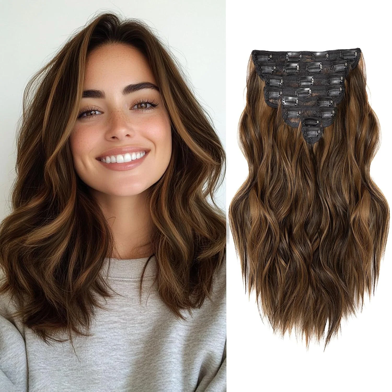 Extensiones de cabello clip in onduladas 8 piezas 16 pulgadas marrón oscuro y marrón claro