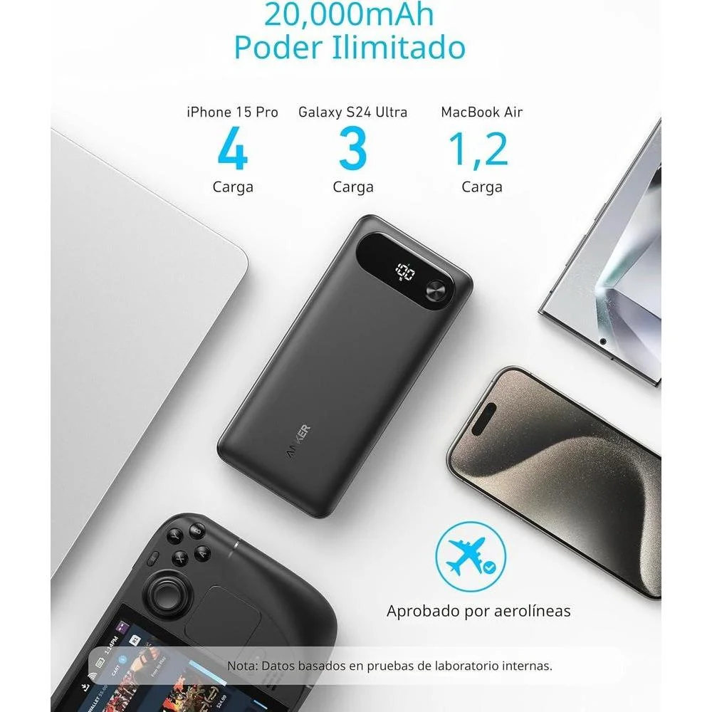Anker Power Bank, cargador portátil esencial de viaje de alta capacidad con cable USB-C integrado para múltiples dispositivos