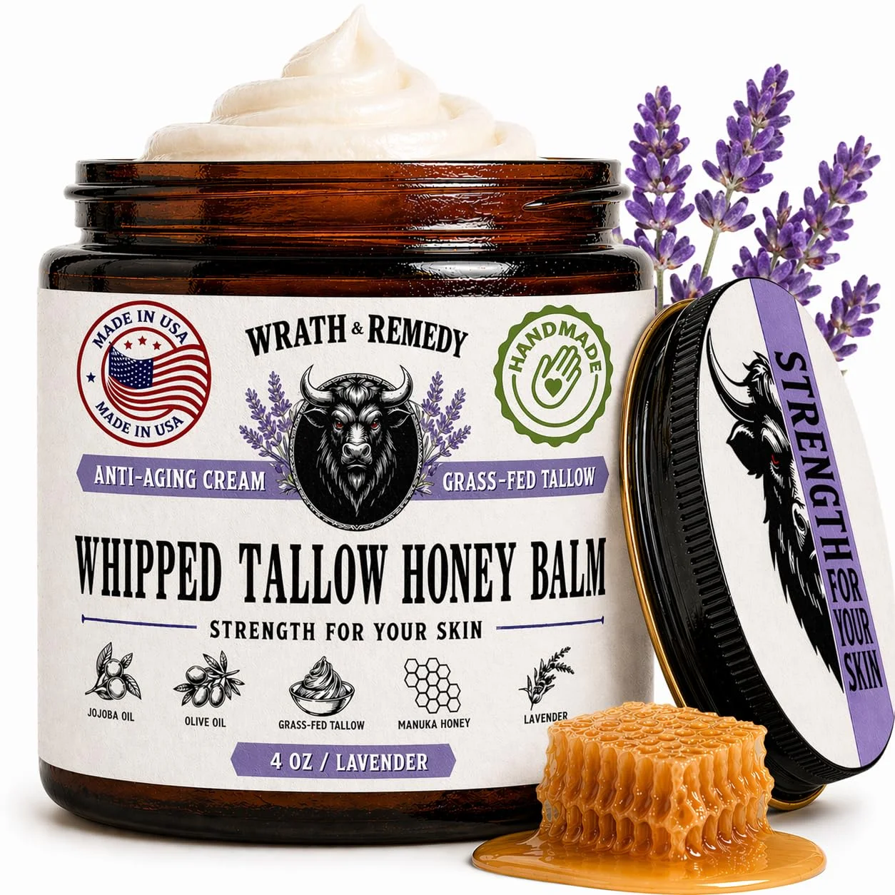 Organic Beef Tallow for Skin & Face - Whipped Honey Balm, Lavender (4 OZ)