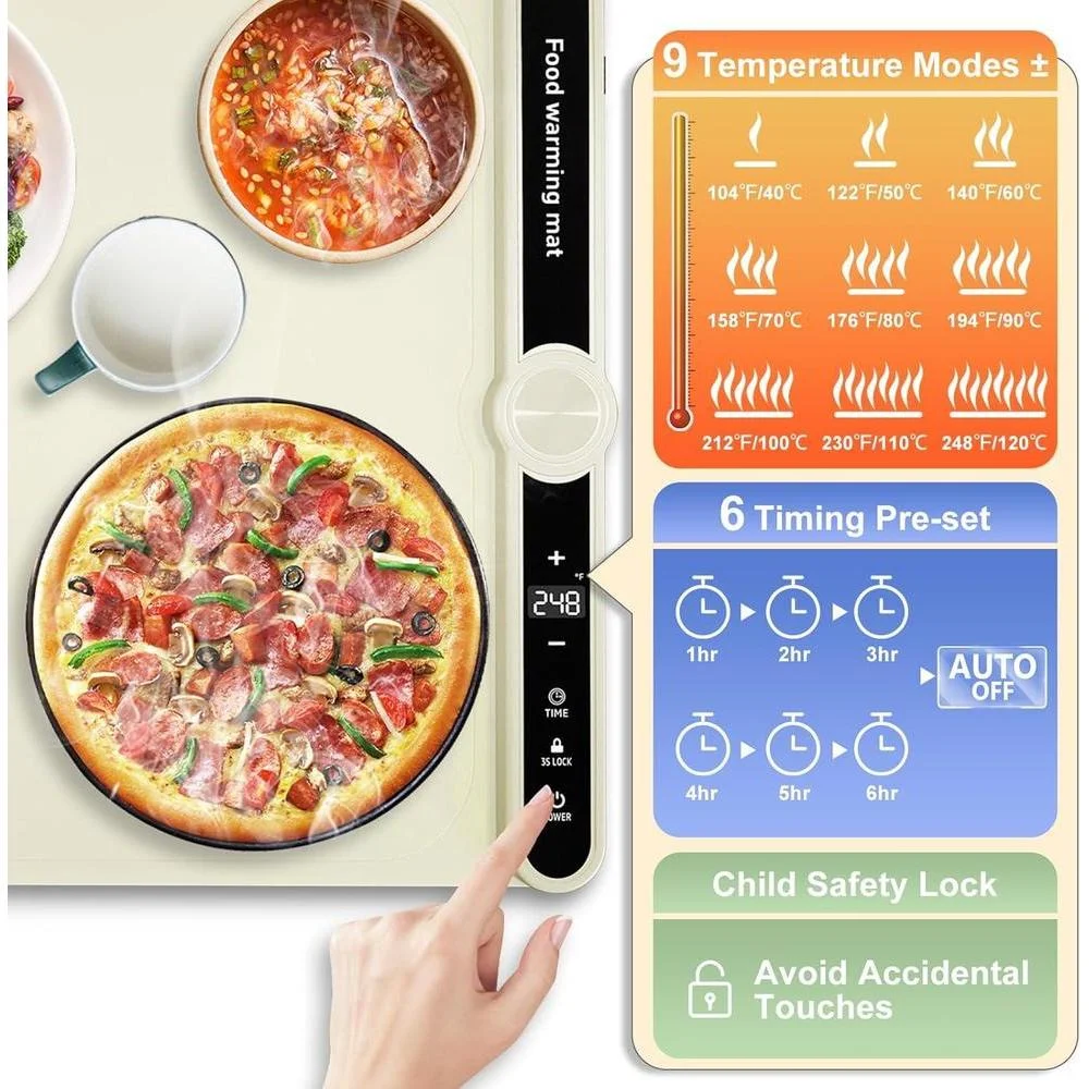 Tapete de Calentamiento para Alimentos de Silicona con 9 Modos de Temperatura y Temporizador de Apagado Automático