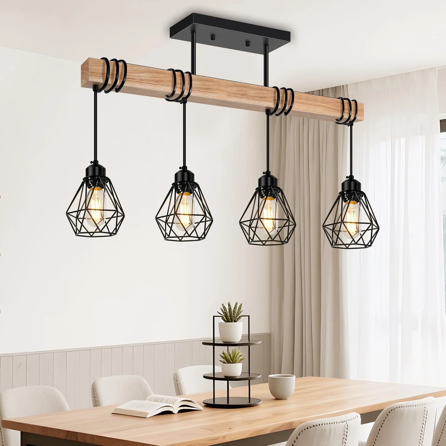 Lámpara colgante de techo 4 luces estilo granja madera y metal negro 60 cm
